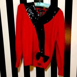 Red & Black 1980s Vintage Angora & Silk Sequin Bow Sweater Size Small/Medium 2/6